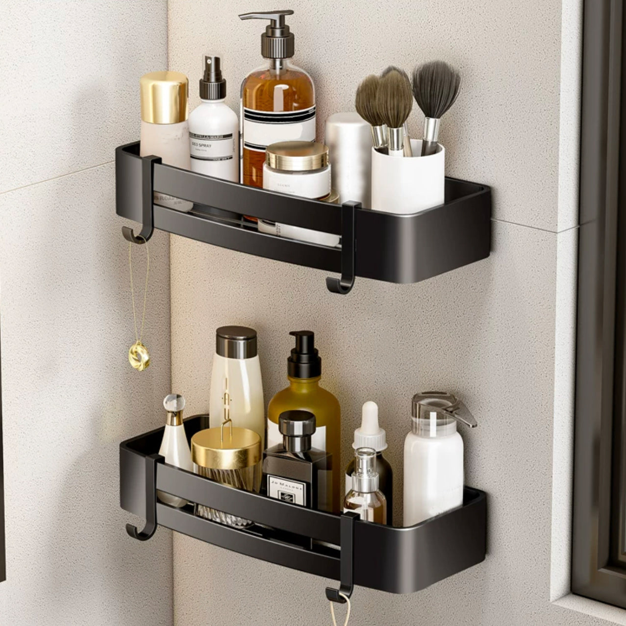 Modern Bath Hardware Set Black Towel Bar Bath Shelf Bathroom Hardware Set 2-Piece Set (Square Bath Shelf) Clearhalo 'Bathroom Hardware Sets' 'Bathroom Hardware' 'Bathroom Remodel & Bathroom Fixtures' 'bathroom_hardware_sets' 'Home Improvement' 'home_improvement' 'home_improvement_bathroom_hardware_sets' 6588087