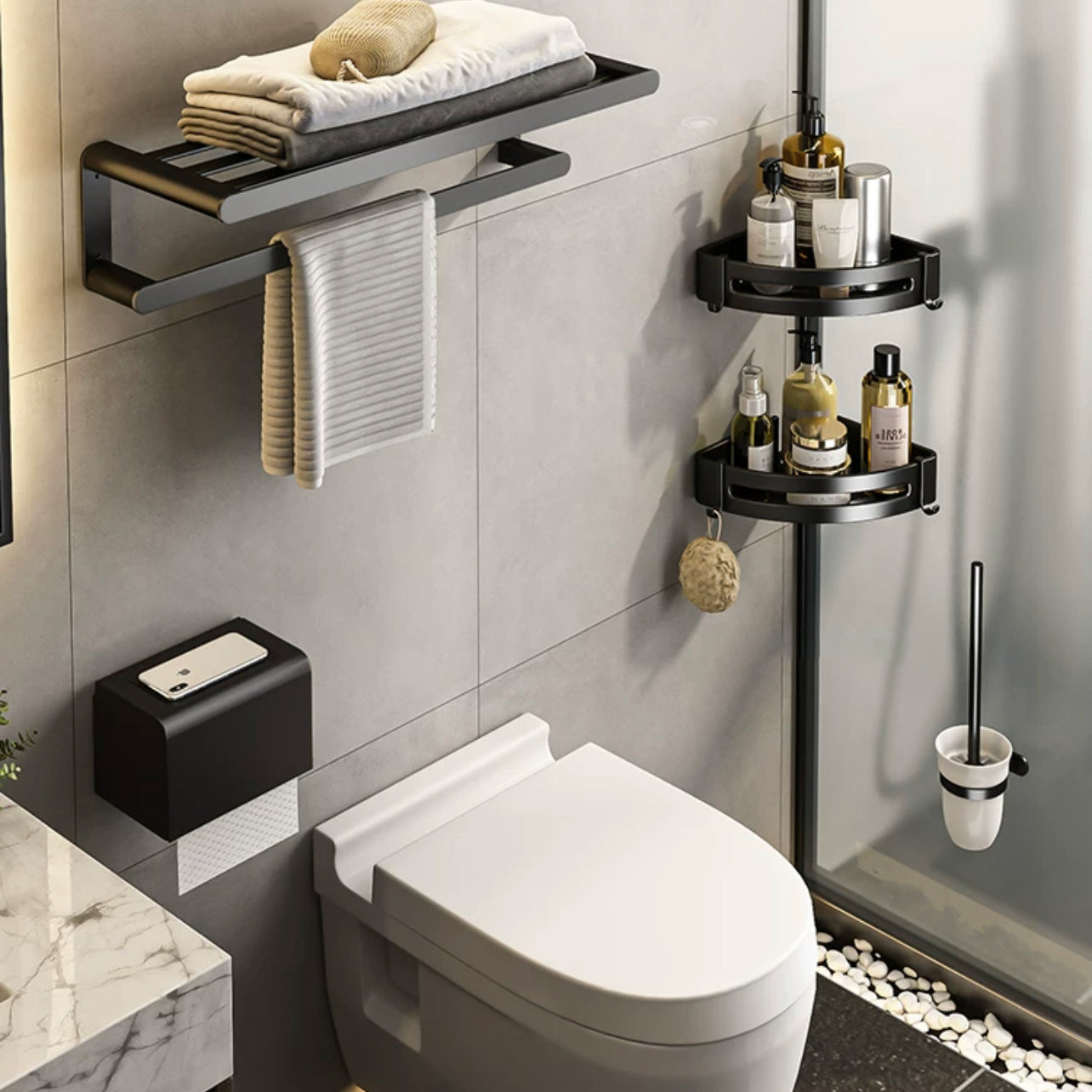 Black Bathroom Accessories Hardware Set with Towel Bar and Bath Shelf -  Clearhalo