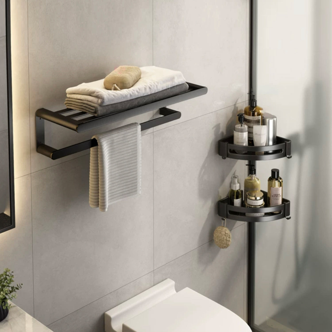 Modern Bath Hardware Set Black Towel Bar Bath Shelf Bathroom Hardware Set 3-Piece Set(Double Deck Shelves) Clearhalo 'Bathroom Hardware Sets' 'Bathroom Hardware' 'Bathroom Remodel & Bathroom Fixtures' 'bathroom_hardware_sets' 'Home Improvement' 'home_improvement' 'home_improvement_bathroom_hardware_sets' 6588094