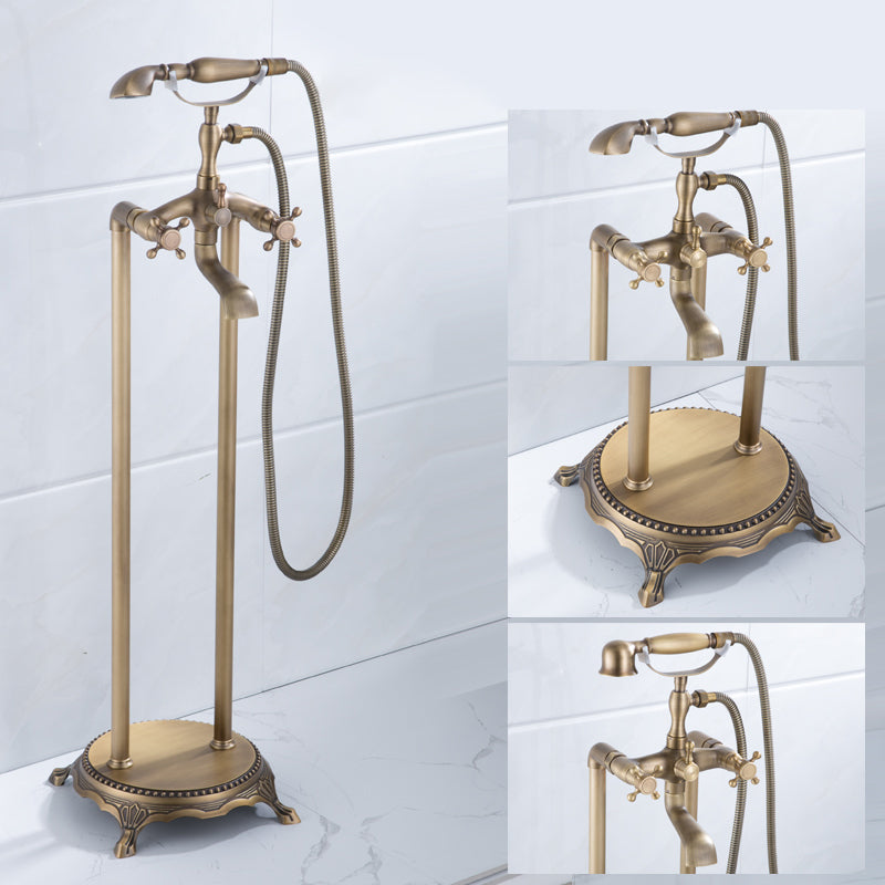 Floor Mounted Metal Clawfoot Tub Faucet Double Handles Freestanding Bathtub Faucet Bronze Curved Clearhalo 'Bathroom Remodel & Bathroom Fixtures' 'Bathtub Faucets' 'bathtub_faucets' 'Home Improvement' 'home_improvement' 'home_improvement_bathtub_faucets' 6588193