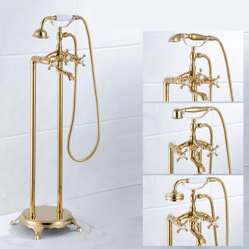 Floor Mounted Metal Clawfoot Tub Faucet Double Handles Freestanding Bathtub Faucet Dark Gold Curved Clearhalo 'Bathroom Remodel & Bathroom Fixtures' 'Bathtub Faucets' 'bathtub_faucets' 'Home Improvement' 'home_improvement' 'home_improvement_bathtub_faucets' 6588198