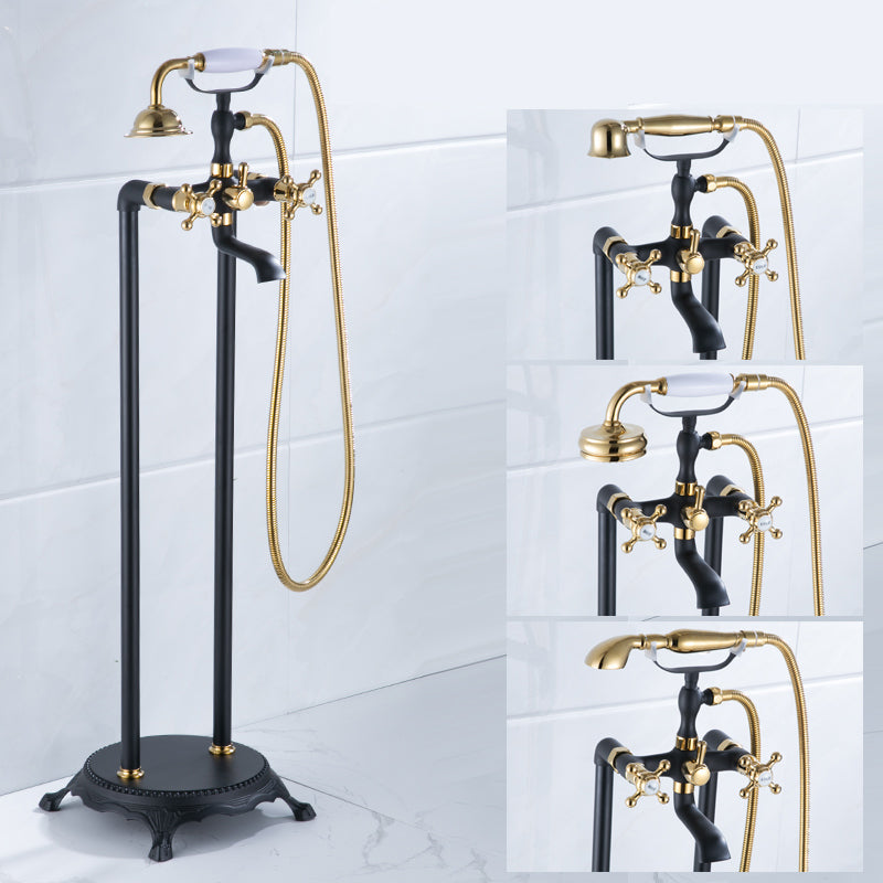 Floor Mounted Metal Clawfoot Tub Faucet Double Handles Freestanding Bathtub Faucet Black-Gold Curved Clearhalo 'Bathroom Remodel & Bathroom Fixtures' 'Bathtub Faucets' 'bathtub_faucets' 'Home Improvement' 'home_improvement' 'home_improvement_bathtub_faucets' 6588202