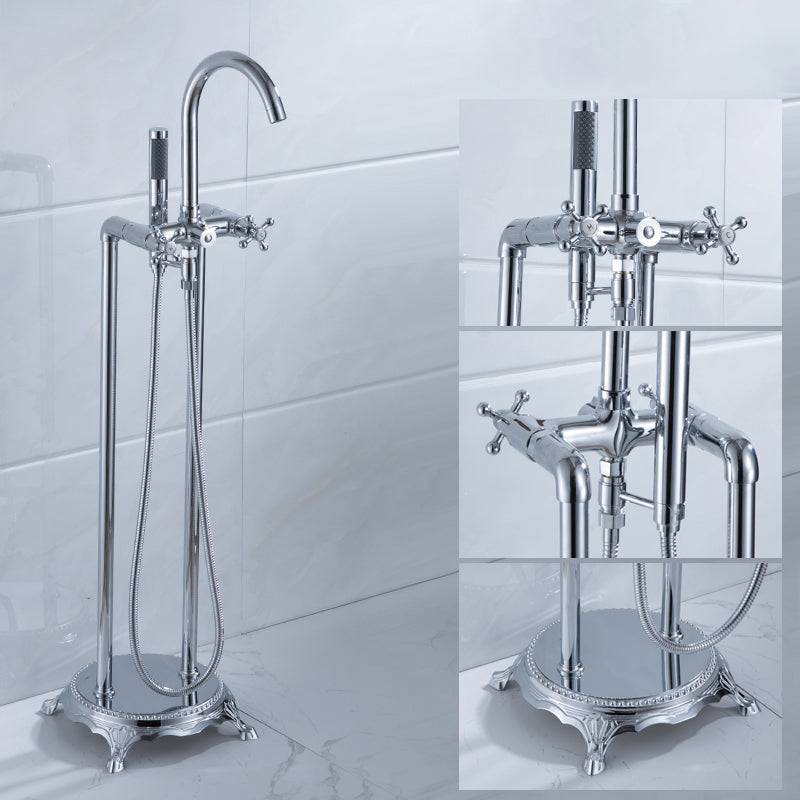 Floor Mounted Metal Clawfoot Tub Faucet Double Handles Freestanding Bathtub Faucet Silver Gooseneck Clearhalo 'Bathroom Remodel & Bathroom Fixtures' 'Bathtub Faucets' 'bathtub_faucets' 'Home Improvement' 'home_improvement' 'home_improvement_bathtub_faucets' 6588205