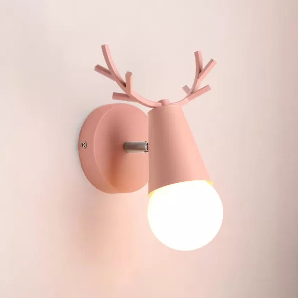 Metal Cone Sconce Light with Antlers 1 Bulb Nordic Stylish Wall Sconce for Bedside Pink Clearhalo 'Wall Lamps & Sconces' 'Wall Lights' Lighting' 65899