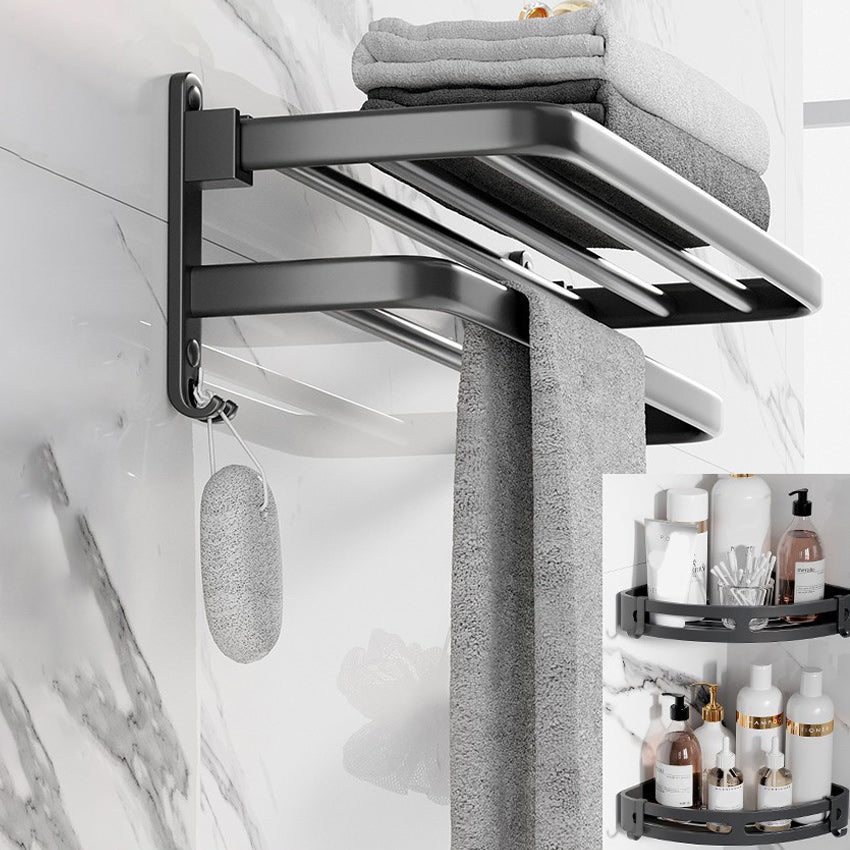 Modern Aluminum Bathroom Accessory Set Matte Black Bath Shelf/Towel Bar/Paper Holder Double Layer 3-piece Set Clearhalo 'Bathroom Hardware Sets' 'Bathroom Hardware' 'Bathroom Remodel & Bathroom Fixtures' 'bathroom_hardware_sets' 'Home Improvement' 'home_improvement' 'home_improvement_bathroom_hardware_sets' 6590647