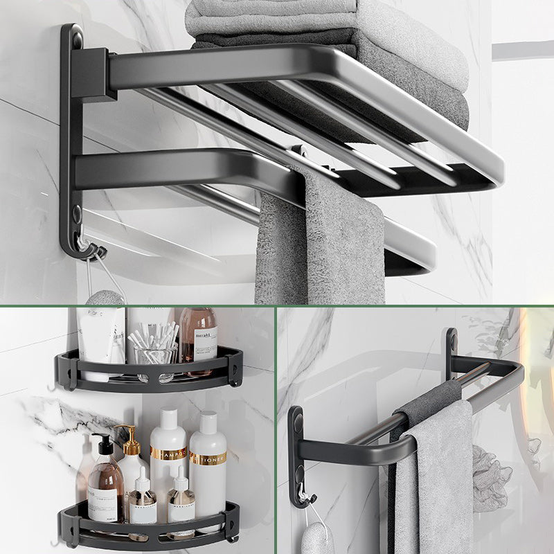 Modern Aluminum Bathroom Accessory Set Matte Black Bath Shelf/Towel Bar/Paper Holder Double Layer 4-Piece (Single Layer Towel Bar) Clearhalo 'Bathroom Hardware Sets' 'Bathroom Hardware' 'Bathroom Remodel & Bathroom Fixtures' 'bathroom_hardware_sets' 'Home Improvement' 'home_improvement' 'home_improvement_bathroom_hardware_sets' 6590650