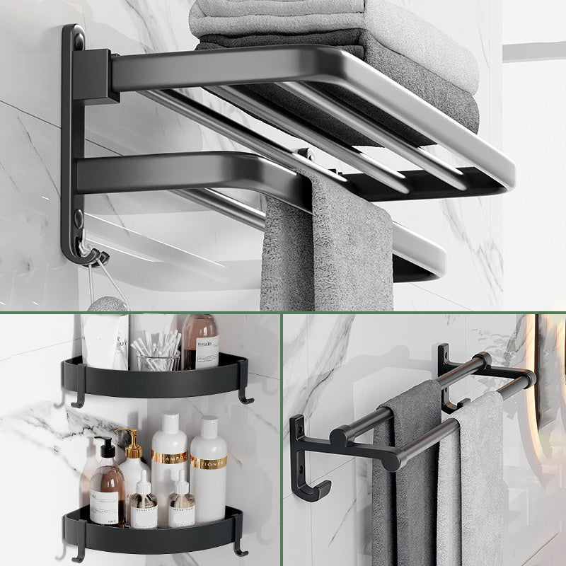 Modern Aluminum Bathroom Accessory Set Matte Black Bath Shelf/Towel Bar/Paper Holder Double Layer 4-Piece (Double LayerTowel Bar) Clearhalo 'Bathroom Hardware Sets' 'Bathroom Hardware' 'Bathroom Remodel & Bathroom Fixtures' 'bathroom_hardware_sets' 'Home Improvement' 'home_improvement' 'home_improvement_bathroom_hardware_sets' 6590652