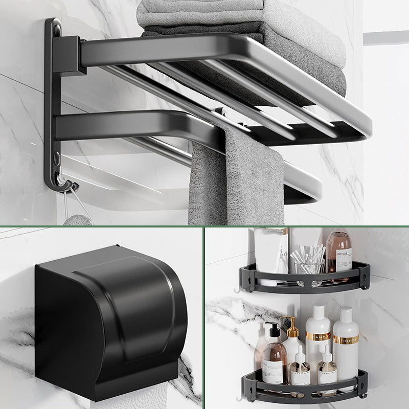 Modern Aluminum Bathroom Accessory Set Matte Black Bath Shelf/Towel Bar/Paper Holder Double Layer 4-Piece Set (Toilet Paper Holder) Clearhalo 'Bathroom Hardware Sets' 'Bathroom Hardware' 'Bathroom Remodel & Bathroom Fixtures' 'bathroom_hardware_sets' 'Home Improvement' 'home_improvement' 'home_improvement_bathroom_hardware_sets' 6590654