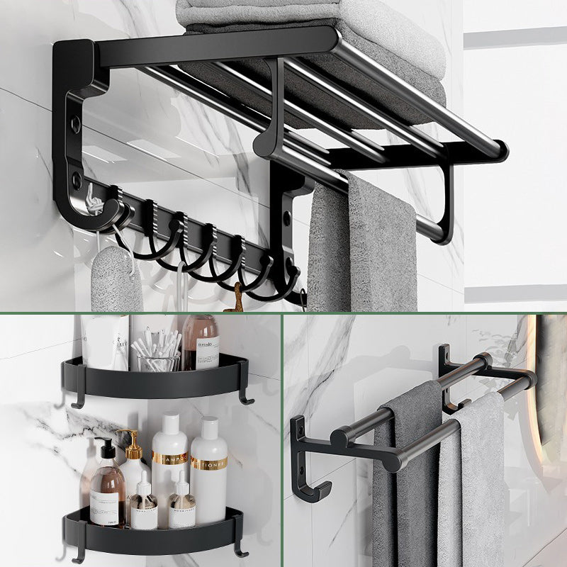 Modern Aluminum Bathroom Accessory Set Matte Black Bath Shelf/Towel Bar/Paper Holder 4-Piece Set (Double Layer Towel Bar) Clearhalo 'Bathroom Hardware Sets' 'Bathroom Hardware' 'Bathroom Remodel & Bathroom Fixtures' 'bathroom_hardware_sets' 'Home Improvement' 'home_improvement' 'home_improvement_bathroom_hardware_sets' 6590657