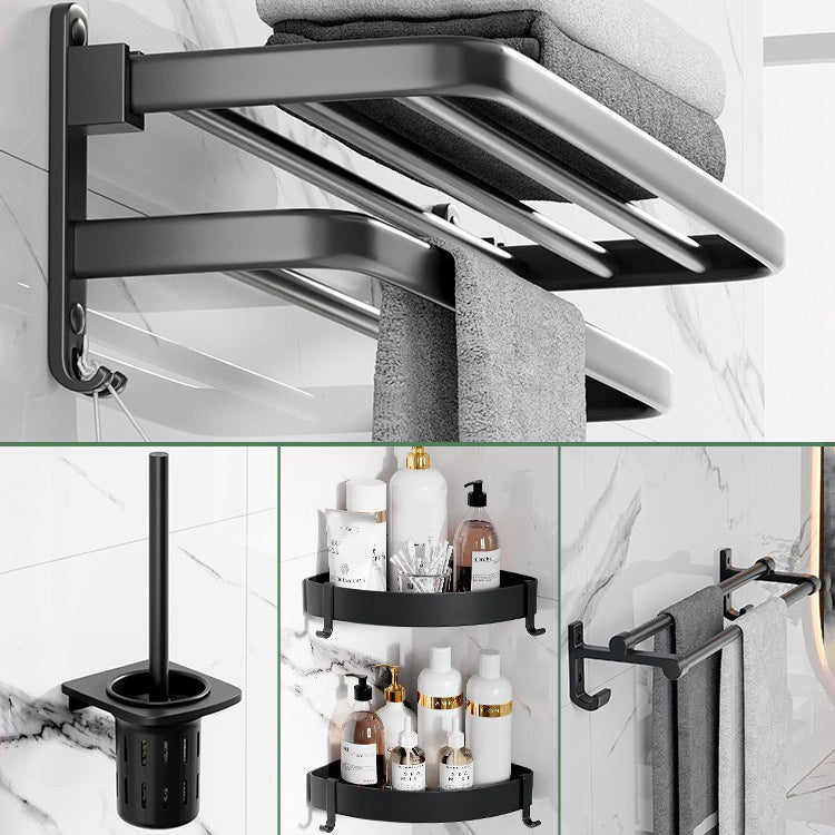 Modern Aluminum Bathroom Accessory Set Matte Black Bath Shelf/Towel Bar/Paper Holder Double Layer 5-Piece Set (Double Layer Towel Bar) Clearhalo 'Bathroom Hardware Sets' 'Bathroom Hardware' 'Bathroom Remodel & Bathroom Fixtures' 'bathroom_hardware_sets' 'Home Improvement' 'home_improvement' 'home_improvement_bathroom_hardware_sets' 6590659