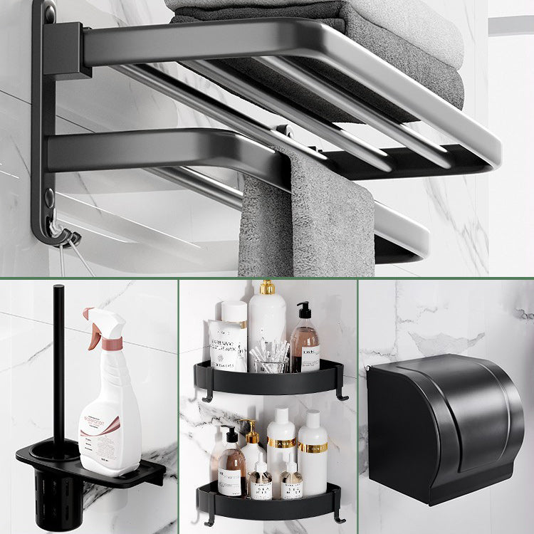 Modern Aluminum Bathroom Accessory Set Matte Black Bath Shelf/Towel Bar/Paper Holder Double Layer 5-Piece Set (Toilet Paper Holder) Clearhalo 'Bathroom Hardware Sets' 'Bathroom Hardware' 'Bathroom Remodel & Bathroom Fixtures' 'bathroom_hardware_sets' 'Home Improvement' 'home_improvement' 'home_improvement_bathroom_hardware_sets' 6590660