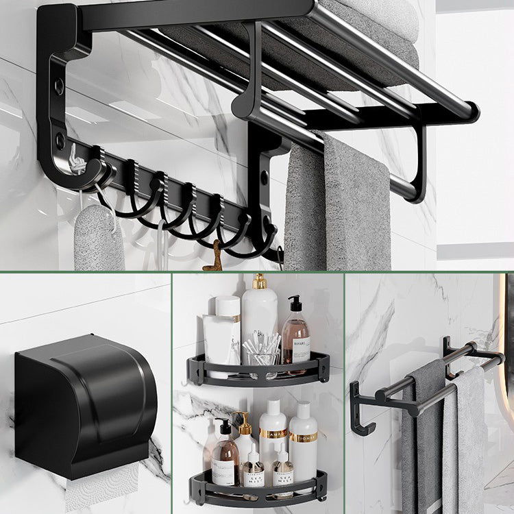 Modern Aluminum Bathroom Accessory Set Matte Black Bath Shelf/Towel Bar/Paper Holder 5-Piece Set (Straight) Clearhalo 'Bathroom Hardware Sets' 'Bathroom Hardware' 'Bathroom Remodel & Bathroom Fixtures' 'bathroom_hardware_sets' 'Home Improvement' 'home_improvement' 'home_improvement_bathroom_hardware_sets' 6590663