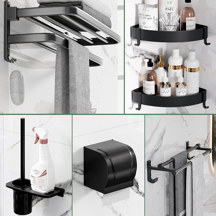 Modern Aluminum Bathroom Accessory Set Matte Black Bath Shelf/Towel Bar/Paper Holder Double Layer 6-Piece Set Clearhalo 'Bathroom Hardware Sets' 'Bathroom Hardware' 'Bathroom Remodel & Bathroom Fixtures' 'bathroom_hardware_sets' 'Home Improvement' 'home_improvement' 'home_improvement_bathroom_hardware_sets' 6590665