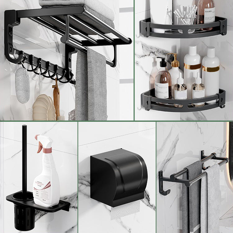 Modern Aluminum Bathroom Accessory Set Matte Black Bath Shelf/Towel Bar/Paper Holder 6-Piece Set (Straight) Clearhalo 'Bathroom Hardware Sets' 'Bathroom Hardware' 'Bathroom Remodel & Bathroom Fixtures' 'bathroom_hardware_sets' 'Home Improvement' 'home_improvement' 'home_improvement_bathroom_hardware_sets' 6590667