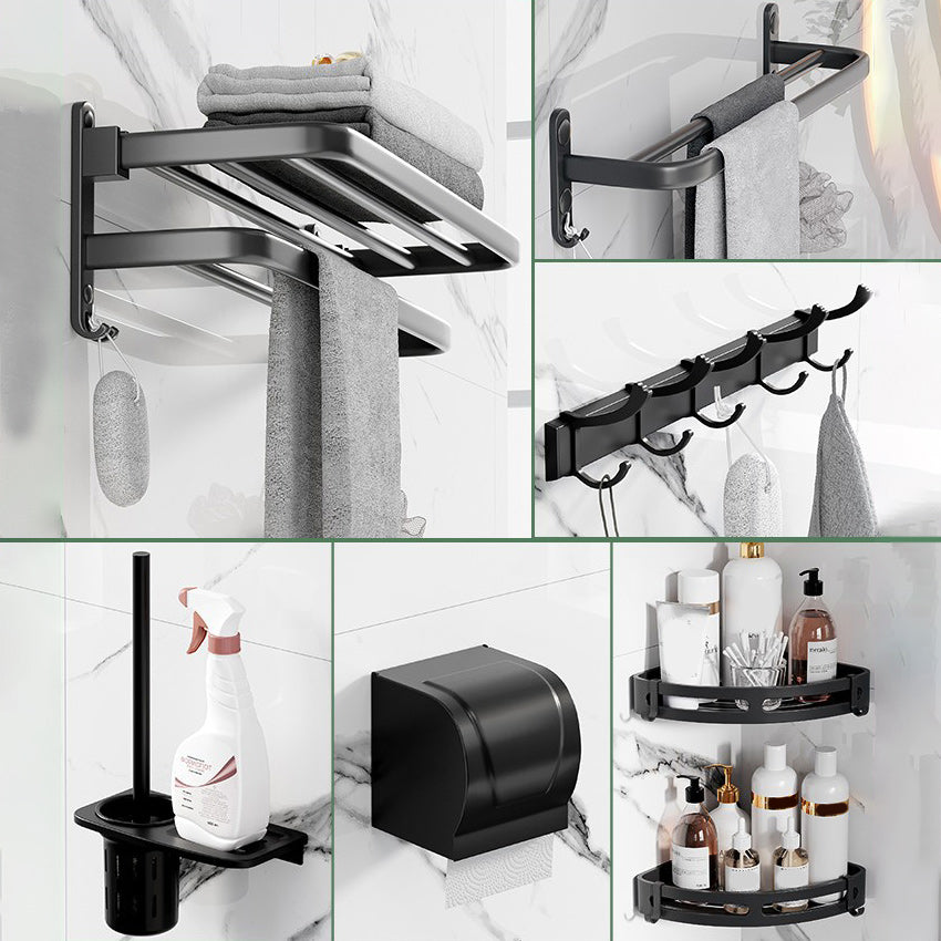 Modern Aluminum Bathroom Accessory Set Matte Black Bath Shelf/Towel Bar/Paper Holder Double Layer 7-Piece Set Clearhalo 'Bathroom Hardware Sets' 'Bathroom Hardware' 'Bathroom Remodel & Bathroom Fixtures' 'bathroom_hardware_sets' 'Home Improvement' 'home_improvement' 'home_improvement_bathroom_hardware_sets' 6590669