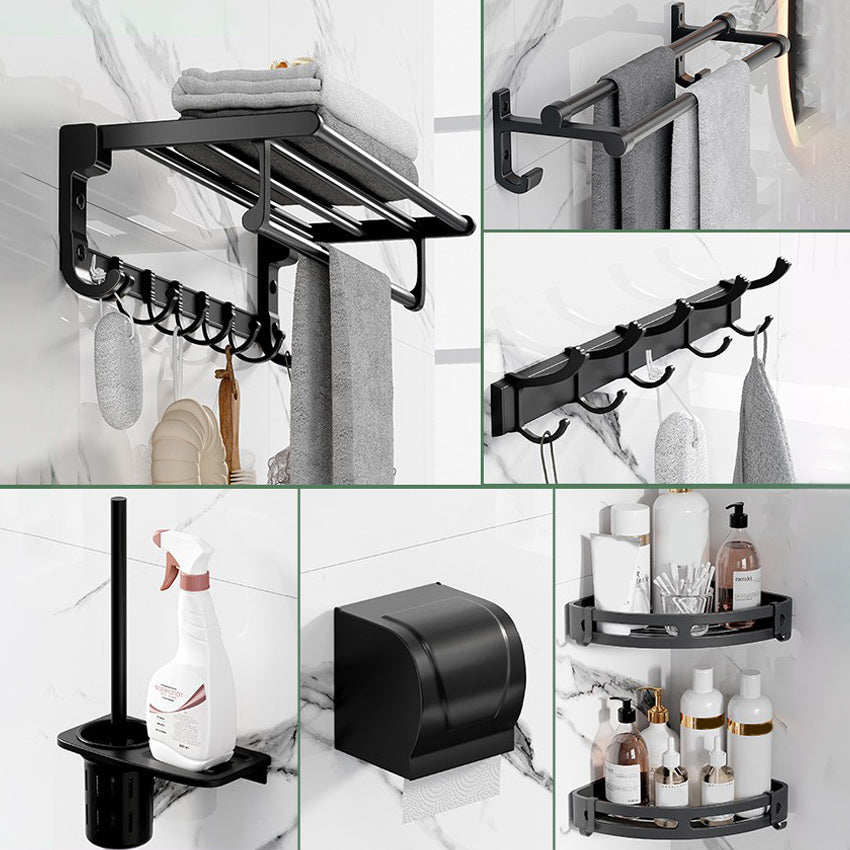 Modern Aluminum Bathroom Accessory Set Matte Black Bath Shelf/Towel Bar/Paper Holder 7-Piece Set (Straight) Clearhalo 'Bathroom Hardware Sets' 'Bathroom Hardware' 'Bathroom Remodel & Bathroom Fixtures' 'bathroom_hardware_sets' 'Home Improvement' 'home_improvement' 'home_improvement_bathroom_hardware_sets' 6590670