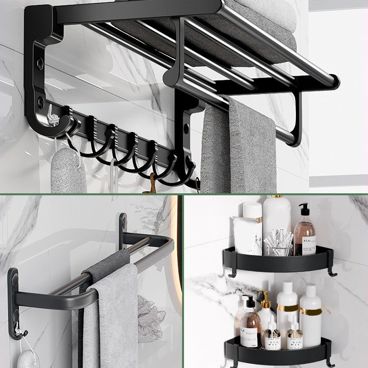 Modern Aluminum Bathroom Accessory Set Matte Black Bath Shelf/Towel Bar/Paper Holder 4-Piece Set (Single Layer Towel Bar) Clearhalo 'Bathroom Hardware Sets' 'Bathroom Hardware' 'Bathroom Remodel & Bathroom Fixtures' 'bathroom_hardware_sets' 'Home Improvement' 'home_improvement' 'home_improvement_bathroom_hardware_sets' 6590672