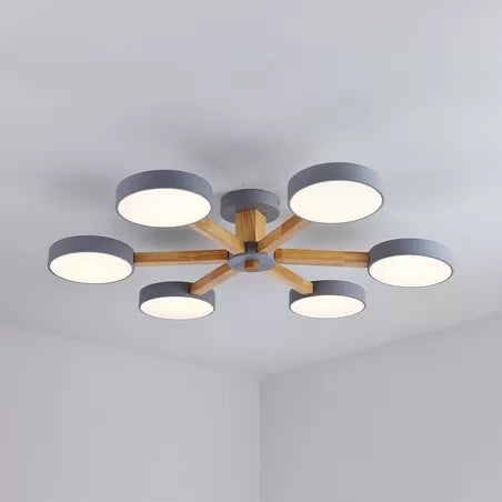 Circle Shaped Living Room Chandelier Wood Macaron Loft LED Hanging Light in Gray 6 Grey Clearhalo 'Ceiling Lights' 'Close To Ceiling Lights' 'Close to ceiling' 'Semi-flushmount' Lighting' 65920