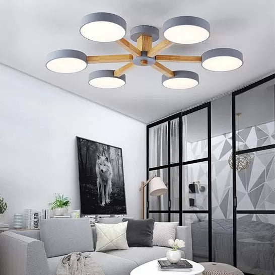 Circle Shaped Living Room Chandelier Wood Macaron Loft LED Hanging Light in Gray Clearhalo 'Ceiling Lights' 'Close To Ceiling Lights' 'Close to ceiling' 'Semi-flushmount' Lighting' 65921