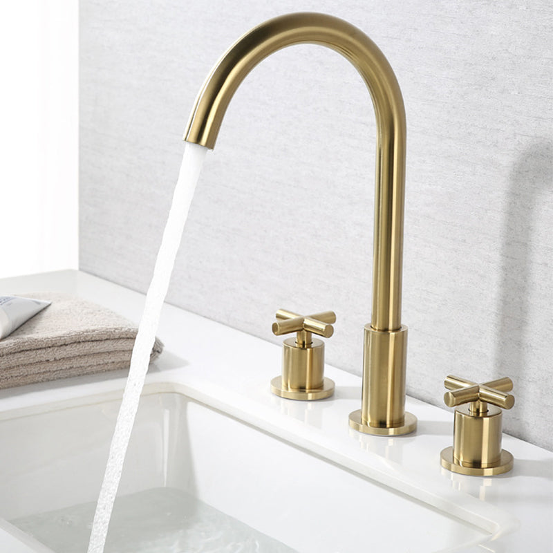 High-Arc Basin Faucet Cross Handle Vanity Faucet for Bathroom Gold Clearhalo 'Bathroom Remodel & Bathroom Fixtures' 'Bathroom Sink Faucets' 'Bathroom Sinks & Faucet Components' 'bathroom_sink_faucets' 'Home Improvement' 'home_improvement' 'home_improvement_bathroom_sink_faucets' 6594948