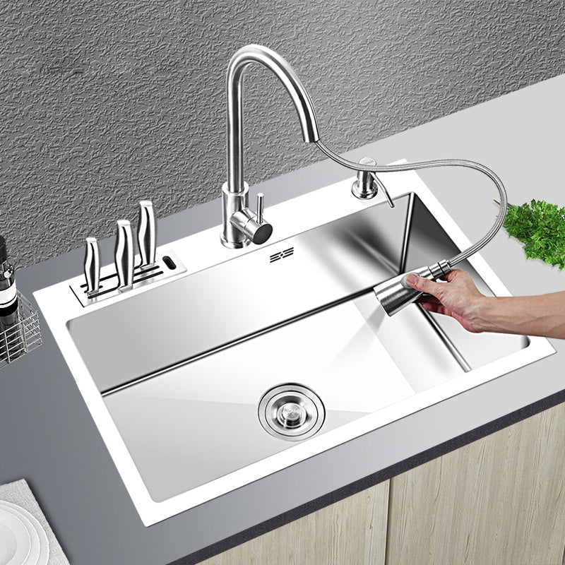 Contemporary Stainless Steel Kitchen Sink with Faucet Single Bowl Sink 30"L x 16"W x 8"H Sink with Faucet Pull Out Faucet Clearhalo 'Home Improvement' 'home_improvement' 'home_improvement_kitchen_sinks' 'Kitchen Remodel & Kitchen Fixtures' 'Kitchen Sinks & Faucet Components' 'Kitchen Sinks' 'kitchen_sinks' 6595187