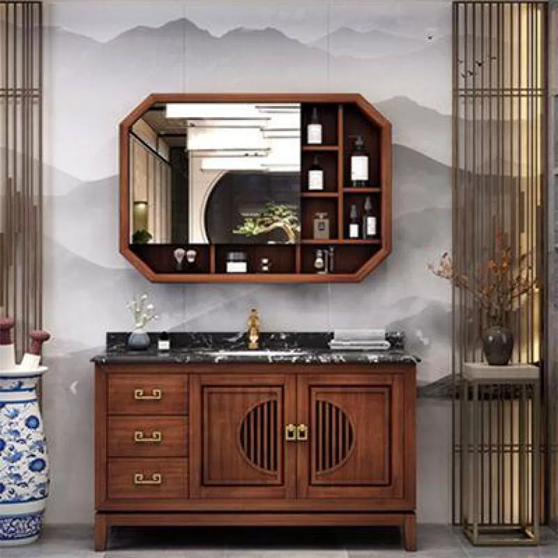 Vintage Bathroom Vanity Ceramic Sink Drawer Sink Vanity with Mirror Vanity & Faucet & Mirror Cabinet Clearhalo 'Bathroom Remodel & Bathroom Fixtures' 'Bathroom Vanities' 'bathroom_vanities' 'Home Improvement' 'home_improvement' 'home_improvement_bathroom_vanities' 6597809