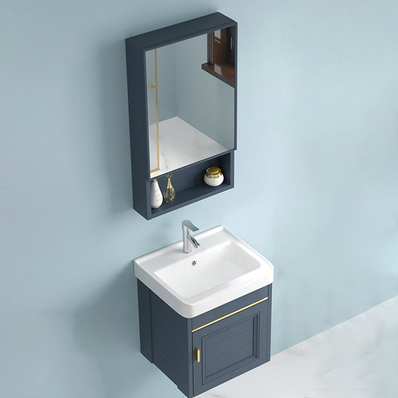 Blue Rectangle Vanity Set Metal Frame Wall-Mounted 2 Doors Mirror Single Sink Bath Vanity Vanity & Faucet & Mirror Cabinet 17"L x 14"W x 16"H Towel Bar Not Included Clearhalo 'Bathroom Remodel & Bathroom Fixtures' 'Bathroom Vanities' 'bathroom_vanities' 'Home Improvement' 'home_improvement' 'home_improvement_bathroom_vanities' 6597888