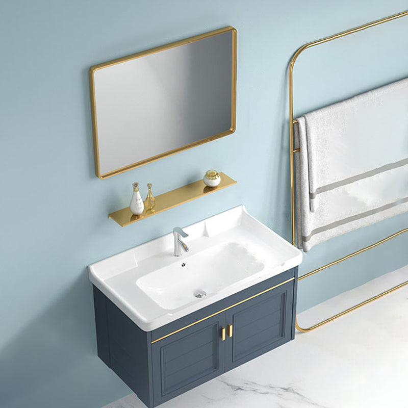 Blue Rectangle Vanity Set Metal Frame Wall-Mounted 2 Doors Mirror Single Sink Bath Vanity Vanity & Faucet & Square Mirror 32"L x 19"W x 16"H Towel Bar Not Included Clearhalo 'Bathroom Remodel & Bathroom Fixtures' 'Bathroom Vanities' 'bathroom_vanities' 'Home Improvement' 'home_improvement' 'home_improvement_bathroom_vanities' 6597907