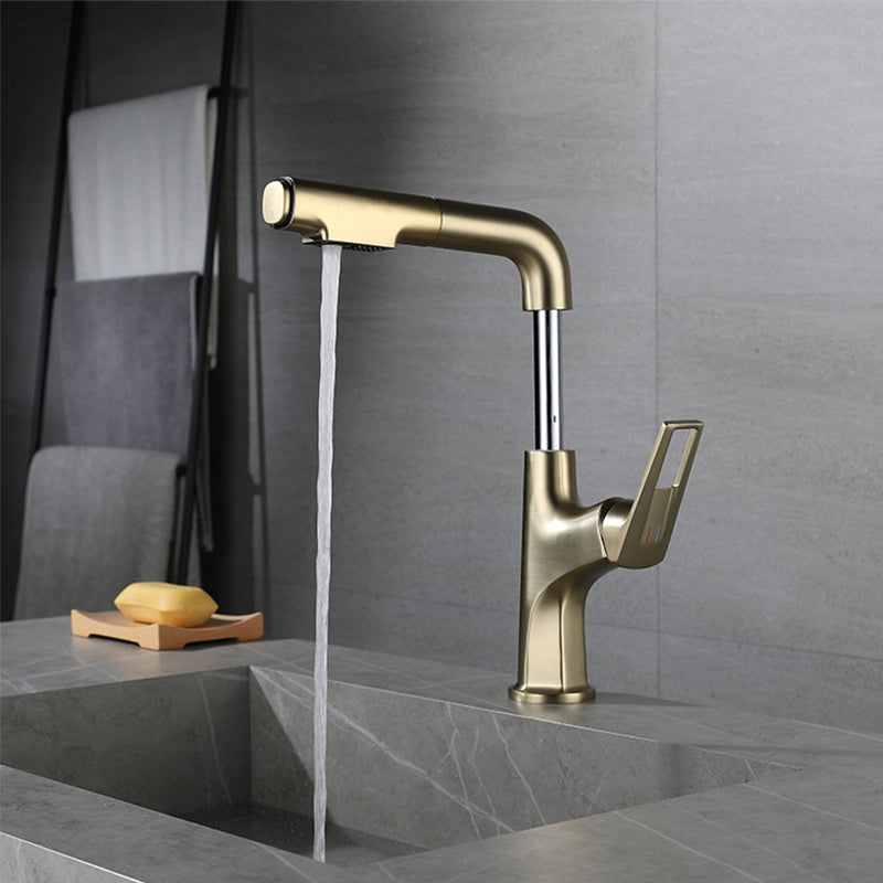 Glam Centerset Faucet One Lever Handle Faucet with Swivel Spout Gold Clearhalo 'Bathroom Remodel & Bathroom Fixtures' 'Bathroom Sink Faucets' 'Bathroom Sinks & Faucet Components' 'bathroom_sink_faucets' 'Home Improvement' 'home_improvement' 'home_improvement_bathroom_sink_faucets' 6615480