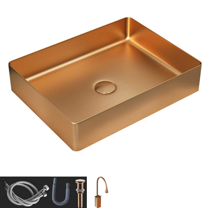 Contemporary Bathroom Sink Metal Rectangular Vessel Sink with Pop-Up Drain Rose Gold Gooseneck Faucet Sink with Faucet Clearhalo 'Bathroom Remodel & Bathroom Fixtures' 'Bathroom Sinks & Faucet Components' 'Bathroom Sinks' 'bathroom_sink' 'Home Improvement' 'home_improvement' 'home_improvement_bathroom_sink' 6616178