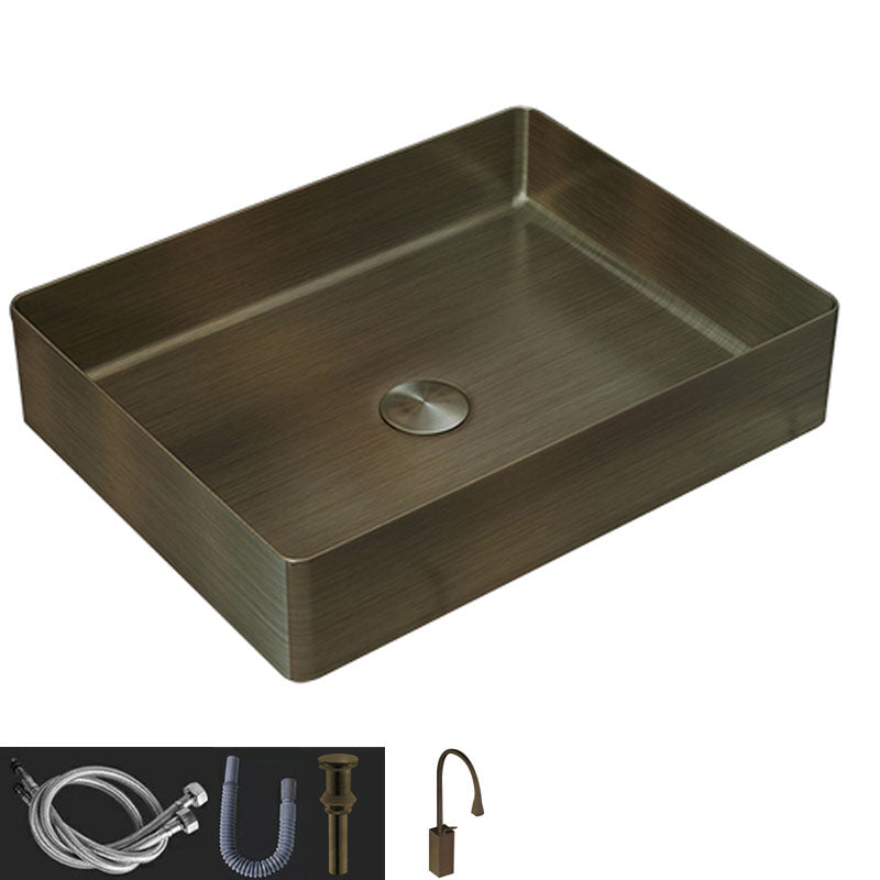 Contemporary Bathroom Sink Metal Rectangular Vessel Sink with Pop-Up Drain Bronze Gooseneck Faucet Sink with Faucet Clearhalo 'Bathroom Remodel & Bathroom Fixtures' 'Bathroom Sinks & Faucet Components' 'Bathroom Sinks' 'bathroom_sink' 'Home Improvement' 'home_improvement' 'home_improvement_bathroom_sink' 6616207