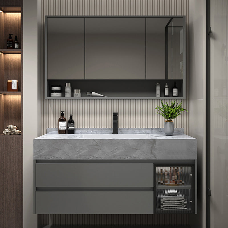 Modern Wall Mount Bath Vanity Gray Tone Vanity Cabinet with Mirror Cabinet Vanity & Faucet & Mirror Cabinet Clearhalo 'Bathroom Remodel & Bathroom Fixtures' 'Bathroom Vanities' 'bathroom_vanities' 'Home Improvement' 'home_improvement' 'home_improvement_bathroom_vanities' 6616334