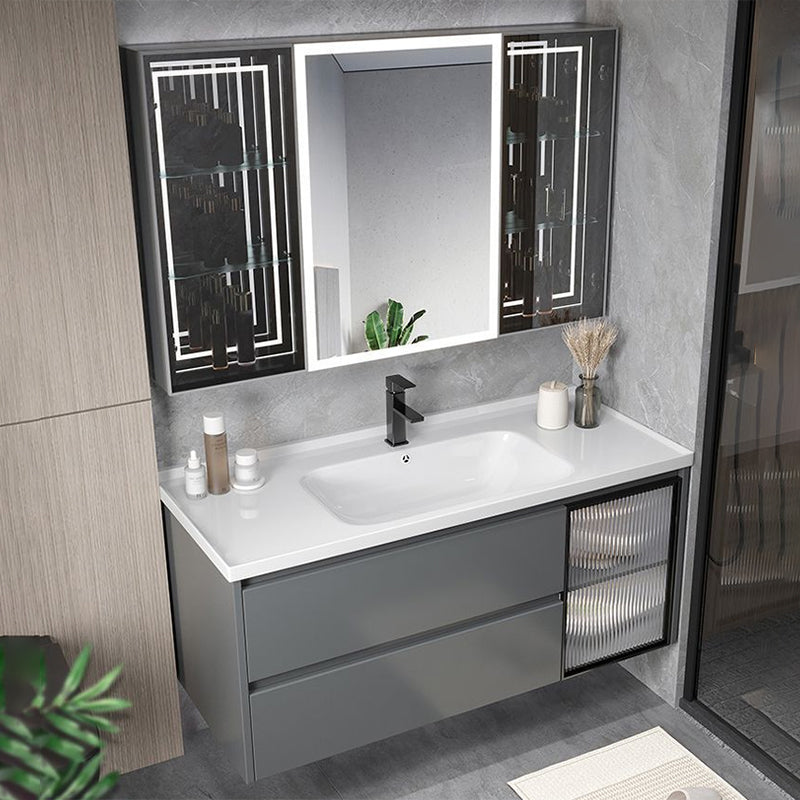 Modern Gray Vanity Sink Mirror Cabinet Wall-Mounted Bathroom Vanity Cabinet with Drawers Vanity & Faucet & Human Body Sensor Smart Mirror Cabinet Clearhalo 'Bathroom Remodel & Bathroom Fixtures' 'Bathroom Vanities' 'bathroom_vanities' 'Home Improvement' 'home_improvement' 'home_improvement_bathroom_vanities' 6616510