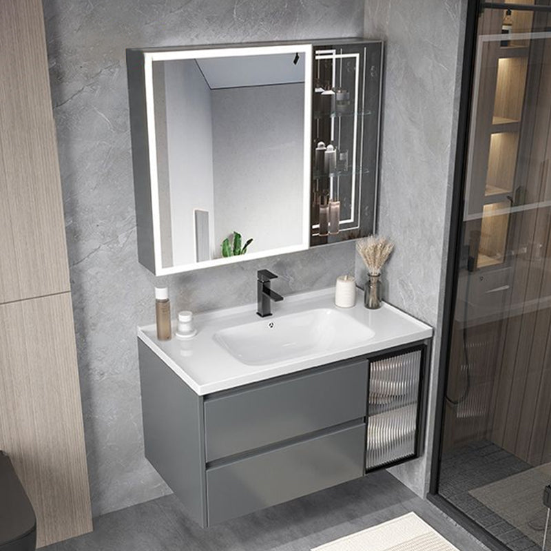 Modern Gray Vanity Sink Mirror Cabinet Wall-Mounted Bathroom Vanity Cabinet with Drawers Vanity & Faucet & Human Body Sensor Smart Mirror Cabinet 32"L x 20"W x 20"H Clearhalo 'Bathroom Remodel & Bathroom Fixtures' 'Bathroom Vanities' 'bathroom_vanities' 'Home Improvement' 'home_improvement' 'home_improvement_bathroom_vanities' 6616536