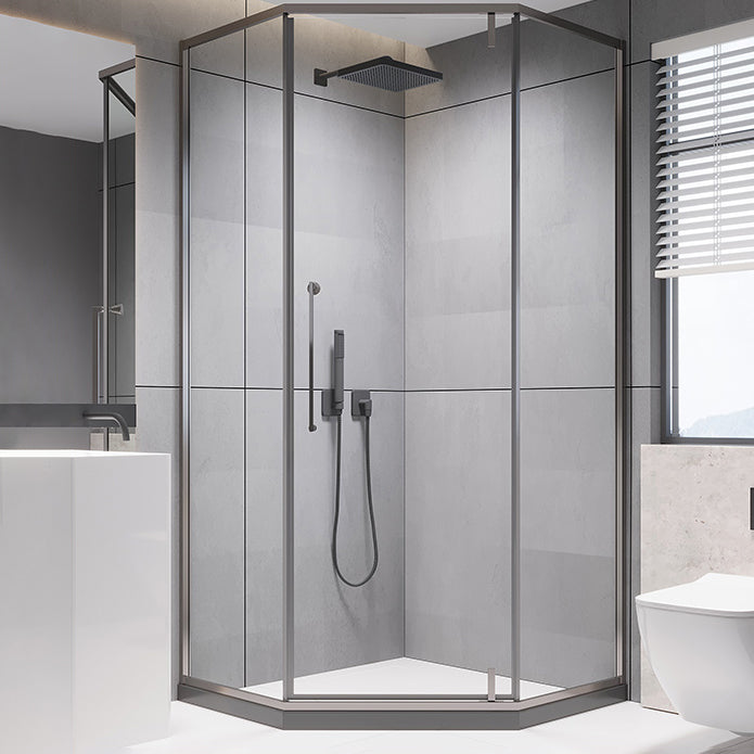 Contemporary Shower Stall Clear Neo-Angle Semi-Frameless Shower Stall Grey Clearhalo 'Bathroom Remodel & Bathroom Fixtures' 'Home Improvement' 'home_improvement' 'home_improvement_shower_stalls_enclosures' 'Shower Stalls & Enclosures' 'shower_stalls_enclosures' 'Showers & Bathtubs' 6616623