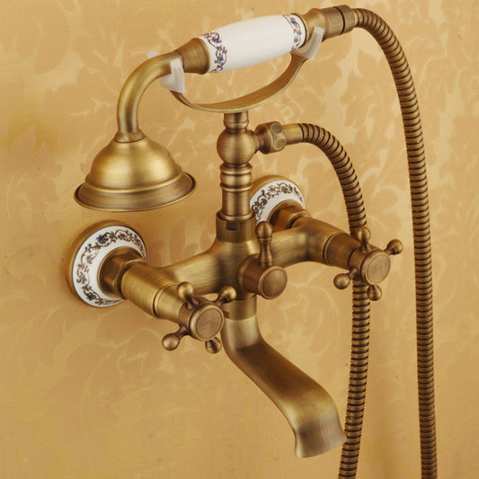 Traditional Floor Mounted Metal Freestanding Tub Filler Double Handles Bathtub Faucet Clearhalo 'Bathroom Remodel & Bathroom Fixtures' 'Bathtub Faucets' 'bathtub_faucets' 'Home Improvement' 'home_improvement' 'home_improvement_bathtub_faucets' 6617170