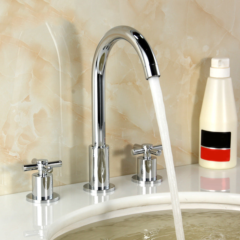 High-Arc Vanity Sink Faucet Light Luxury Vessel Faucet 3-hole Faucet Chrome Gooseneck Cross Handles Clearhalo 'Bathroom Remodel & Bathroom Fixtures' 'Bathroom Sink Faucets' 'Bathroom Sinks & Faucet Components' 'bathroom_sink_faucets' 'Home Improvement' 'home_improvement' 'home_improvement_bathroom_sink_faucets' 6627255