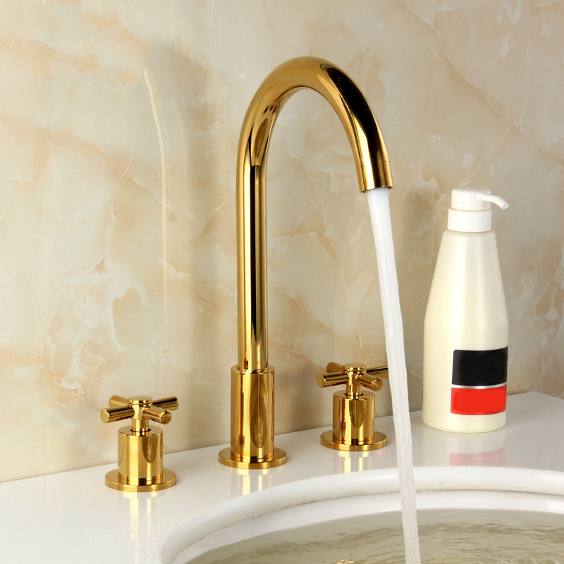 High-Arc Vanity Sink Faucet Light Luxury Vessel Faucet 3-hole Faucet Gold Gooseneck Cross Handles Clearhalo 'Bathroom Remodel & Bathroom Fixtures' 'Bathroom Sink Faucets' 'Bathroom Sinks & Faucet Components' 'bathroom_sink_faucets' 'Home Improvement' 'home_improvement' 'home_improvement_bathroom_sink_faucets' 6627256