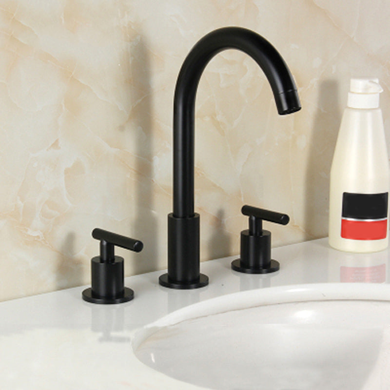 High-Arc Vanity Sink Faucet Light Luxury Vessel Faucet 3-hole Faucet Black Gooseneck Lever Handles Clearhalo 'Bathroom Remodel & Bathroom Fixtures' 'Bathroom Sink Faucets' 'Bathroom Sinks & Faucet Components' 'bathroom_sink_faucets' 'Home Improvement' 'home_improvement' 'home_improvement_bathroom_sink_faucets' 6627260