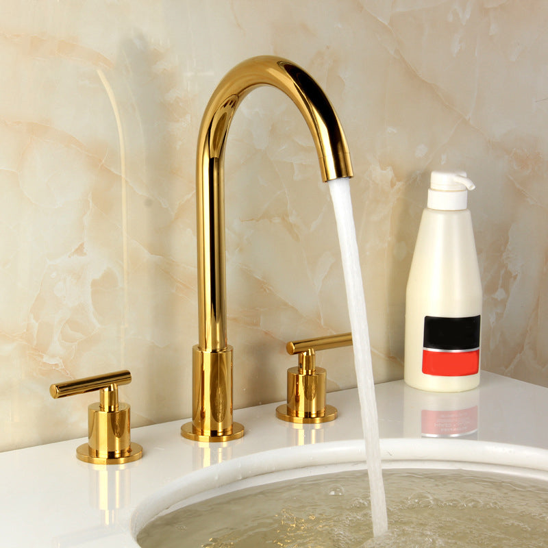 High-Arc Vanity Sink Faucet Light Luxury Vessel Faucet 3-hole Faucet Gold Gooseneck Lever Handles Clearhalo 'Bathroom Remodel & Bathroom Fixtures' 'Bathroom Sink Faucets' 'Bathroom Sinks & Faucet Components' 'bathroom_sink_faucets' 'Home Improvement' 'home_improvement' 'home_improvement_bathroom_sink_faucets' 6627264