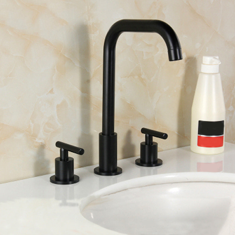 High-Arc Vanity Sink Faucet Light Luxury Vessel Faucet 3-hole Faucet Black 7 Shape Lever Handles Clearhalo 'Bathroom Remodel & Bathroom Fixtures' 'Bathroom Sink Faucets' 'Bathroom Sinks & Faucet Components' 'bathroom_sink_faucets' 'Home Improvement' 'home_improvement' 'home_improvement_bathroom_sink_faucets' 6627266