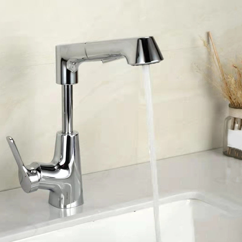 Centerset Sink Faucet Contemporary Pull-out Faucet with Single Handle Silver Clearhalo 'Bathroom Remodel & Bathroom Fixtures' 'Bathroom Sink Faucets' 'Bathroom Sinks & Faucet Components' 'bathroom_sink_faucets' 'Home Improvement' 'home_improvement' 'home_improvement_bathroom_sink_faucets' 6627291