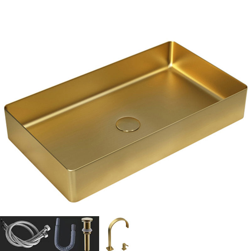 Contemporary Bathroom Sink Metal Rectangular Vessel Bathroom Sink with Pop-Up Drain Gold Double Hole Faucet Sink with Faucet Clearhalo 'Bathroom Remodel & Bathroom Fixtures' 'Bathroom Sinks & Faucet Components' 'Bathroom Sinks' 'bathroom_sink' 'Home Improvement' 'home_improvement' 'home_improvement_bathroom_sink' 6627547