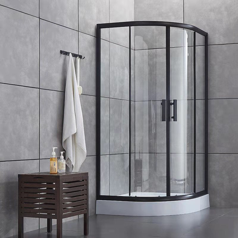 Rounded Matt Black Shower Enclosure Tempered Glass Corner Shower Enclosure Bottom Basin Clear Glass Clearhalo 'Bathroom Remodel & Bathroom Fixtures' 'Home Improvement' 'home_improvement' 'home_improvement_shower_stalls_enclosures' 'Shower Stalls & Enclosures' 'shower_stalls_enclosures' 'Showers & Bathtubs' 6628036