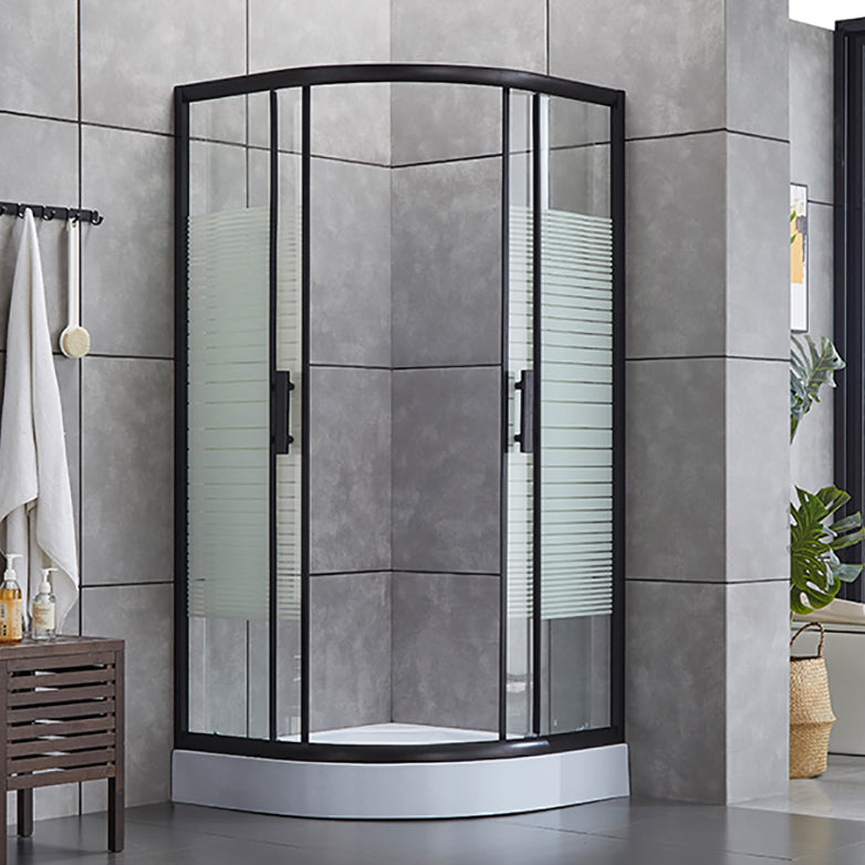 Rounded Matt Black Shower Enclosure Tempered Glass Corner Shower Enclosure Bottom Basin Striped Clearhalo 'Bathroom Remodel & Bathroom Fixtures' 'Home Improvement' 'home_improvement' 'home_improvement_shower_stalls_enclosures' 'Shower Stalls & Enclosures' 'shower_stalls_enclosures' 'Showers & Bathtubs' 6628039