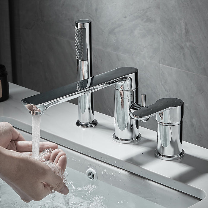 Modern Deck Mounted Freestanding Tub Filler Metal Freestanding Faucet with Handles Clearhalo 'Bathroom Remodel & Bathroom Fixtures' 'Bathtub Faucets' 'bathtub_faucets' 'Home Improvement' 'home_improvement' 'home_improvement_bathtub_faucets' 6628599