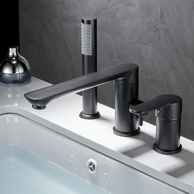 Modern Deck Mounted Freestanding Tub Filler Metal Freestanding Faucet with Handles Black Clearhalo 'Bathroom Remodel & Bathroom Fixtures' 'Bathtub Faucets' 'bathtub_faucets' 'Home Improvement' 'home_improvement' 'home_improvement_bathtub_faucets' 6628600