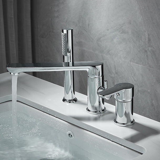 Modern Deck Mounted Freestanding Tub Filler Metal Freestanding Faucet with Handles Clearhalo 'Bathroom Remodel & Bathroom Fixtures' 'Bathtub Faucets' 'bathtub_faucets' 'Home Improvement' 'home_improvement' 'home_improvement_bathtub_faucets' 6628616