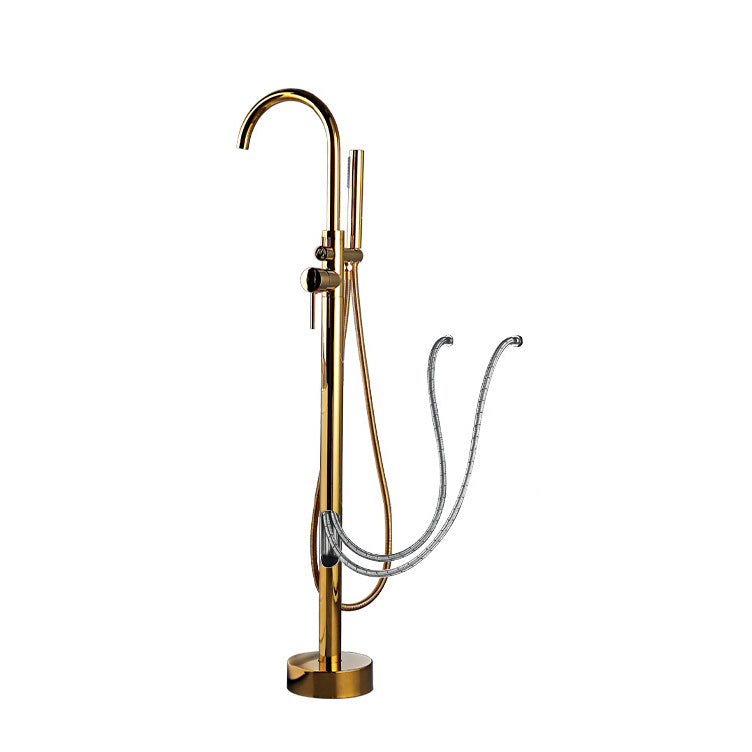 Floor Mounted Freestanding Tub Filler Metal Freestanding Tub Filler Trim with Spray Gun Dark Gold Wall Clearhalo 'Bathroom Remodel & Bathroom Fixtures' 'Bathtub Faucets' 'bathtub_faucets' 'Home Improvement' 'home_improvement' 'home_improvement_bathtub_faucets' 6628700