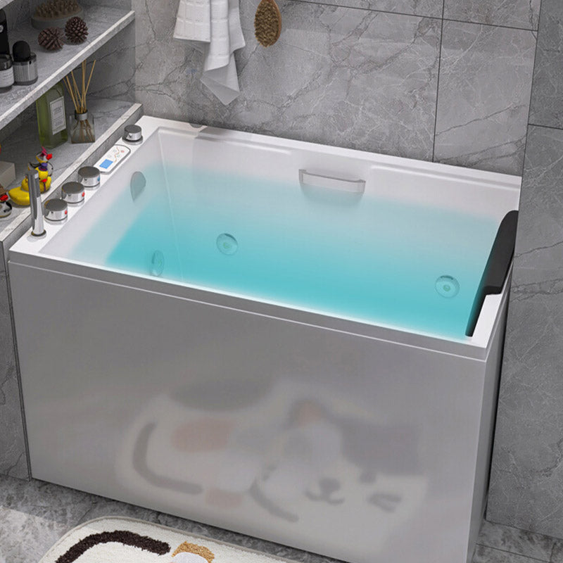 Modern Style Apron Front Bathtub Rectangular Acrylic Bathtub in White 43"L x 27"W x 26"H Massage & Thermostat Tub & Silver 5-Piece Set & Pillow Armrest Clearhalo 'Bathroom Remodel & Bathroom Fixtures' 'Bathtubs' 'Home Improvement' 'home_improvement' 'home_improvement_bathtubs' 'Showers & Bathtubs' 6639768